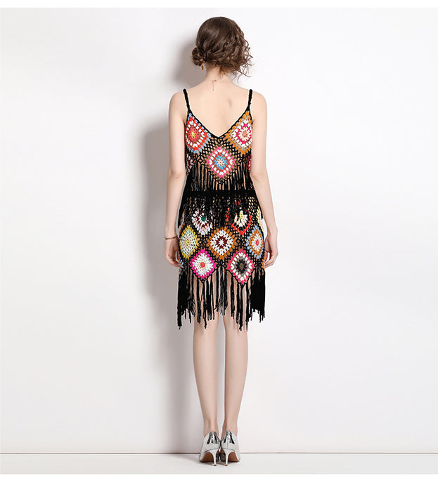 Embroidery Tassel Knitted Hook Flower Suit Female Suspender Top and Sexy Short Skirt Two-Piece Set