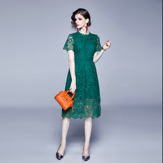 Water-Soluble Lace  Stitching Temperament Hook Flower Hollowed Out Short-Sleeved Dress