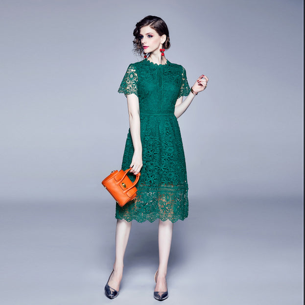 Water-Soluble Lace  Stitching Temperament Hook Flower Hollowed Out Short-Sleeved Dress
