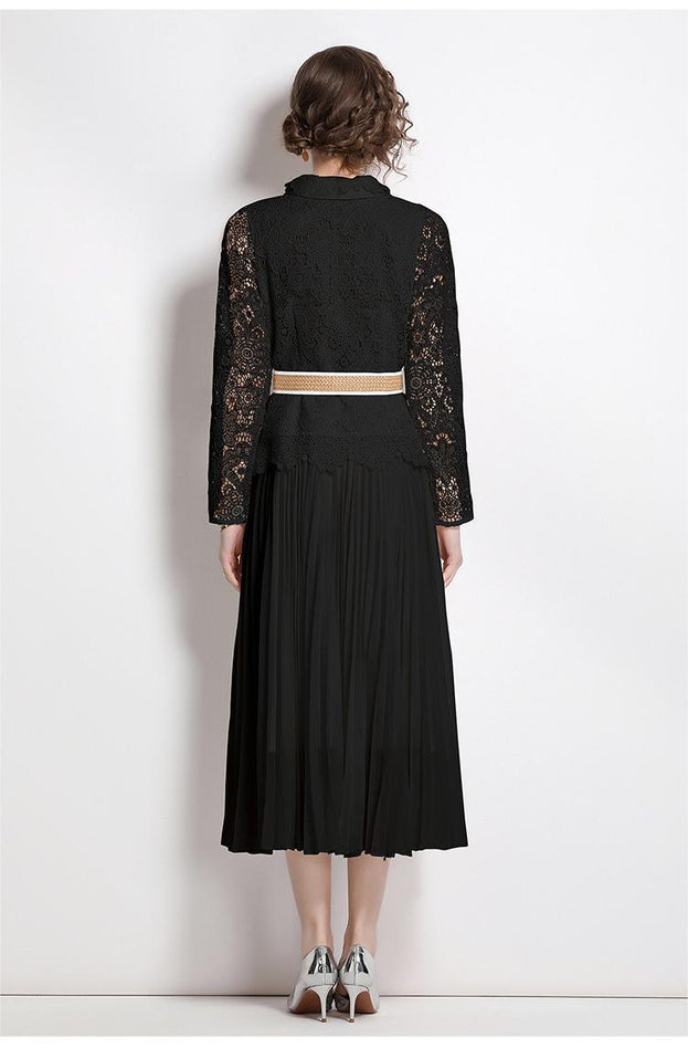 Water-Soluble Pleat Splicing Chiffon High-Waisted Lapel Long-Sleeved Fake Two-Piece Long Skirt Dress