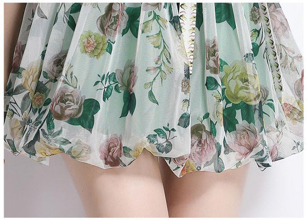 Vintage Lace Short Sleeve Top and Mesh A-Line Printed Half Skirt Suit Skirt