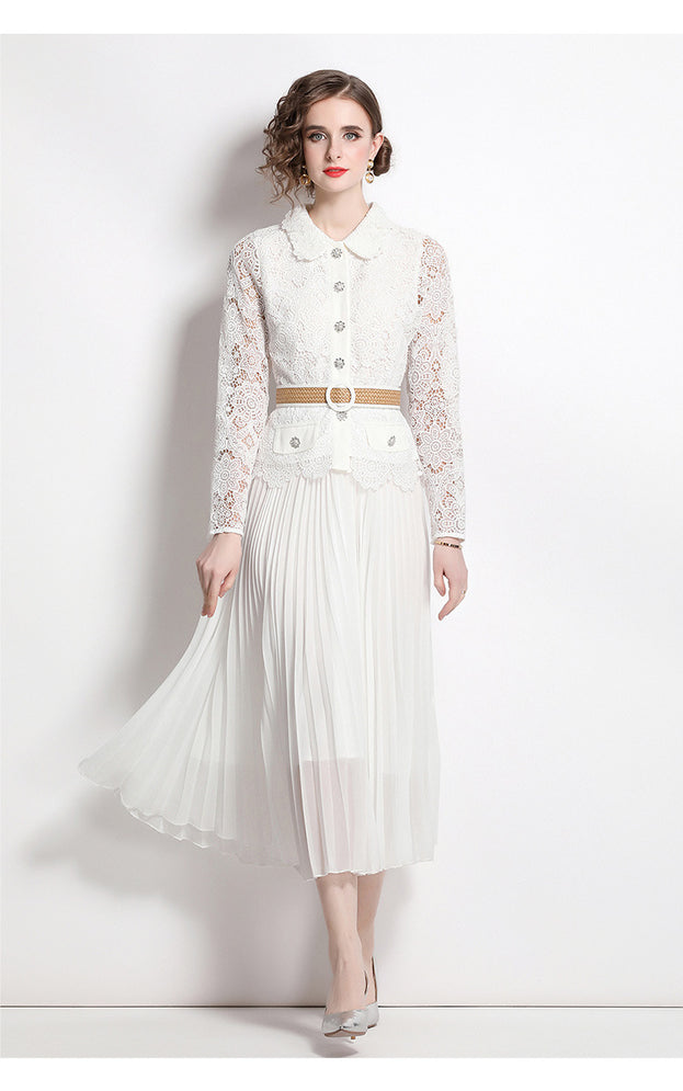 Water-Soluble Pleat Splicing Chiffon High-Waisted Lapel Long-Sleeved Fake Two-Piece Long Skirt Dress
