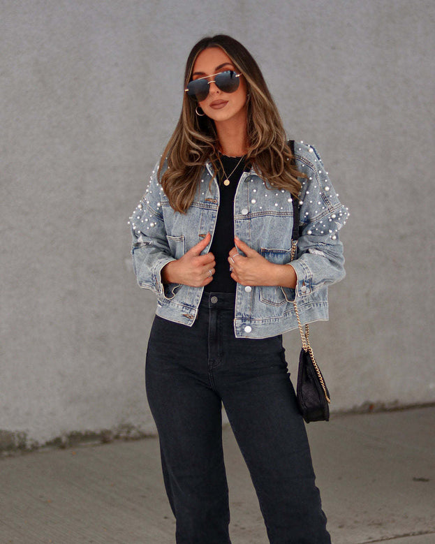 Spring Fashion Casual Loose Heavy Beaded Long Sleeve Denim Jacket for Women