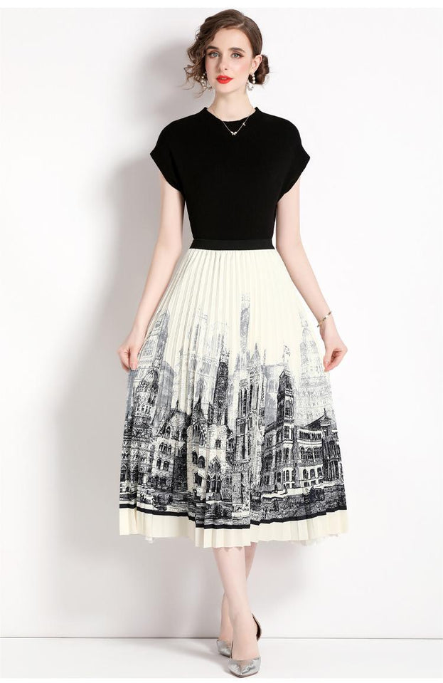 Black Knit and High-Waisted Printed Skirt Two-piece Set Dress