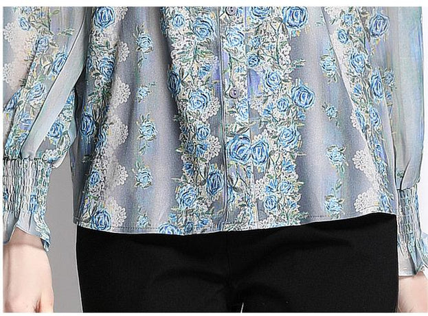 Vintage Printed Stand Collar Long Sleeve Top With Wooden Ear Edge