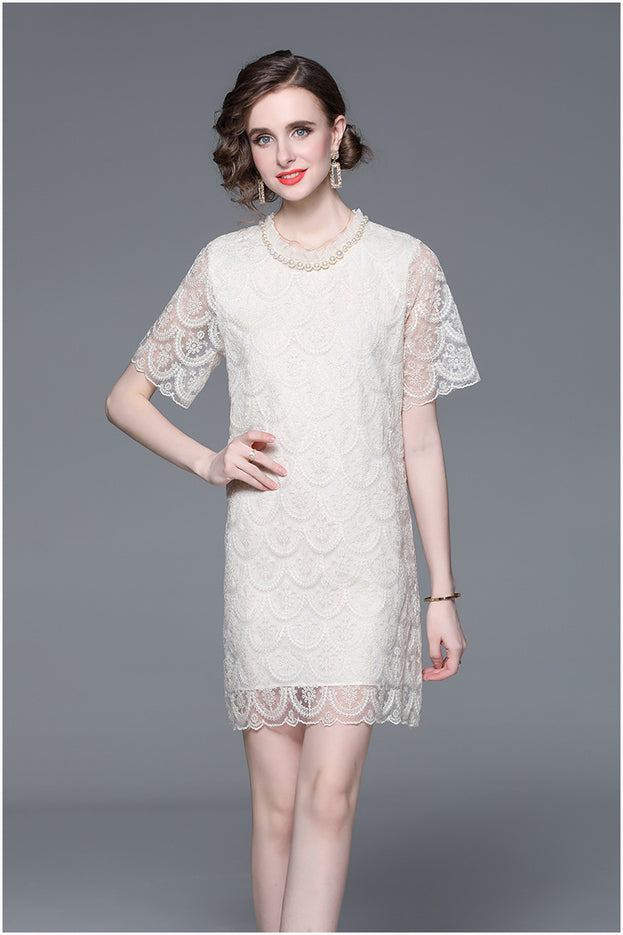Elegant Lace Studded Beaded Neck Dress