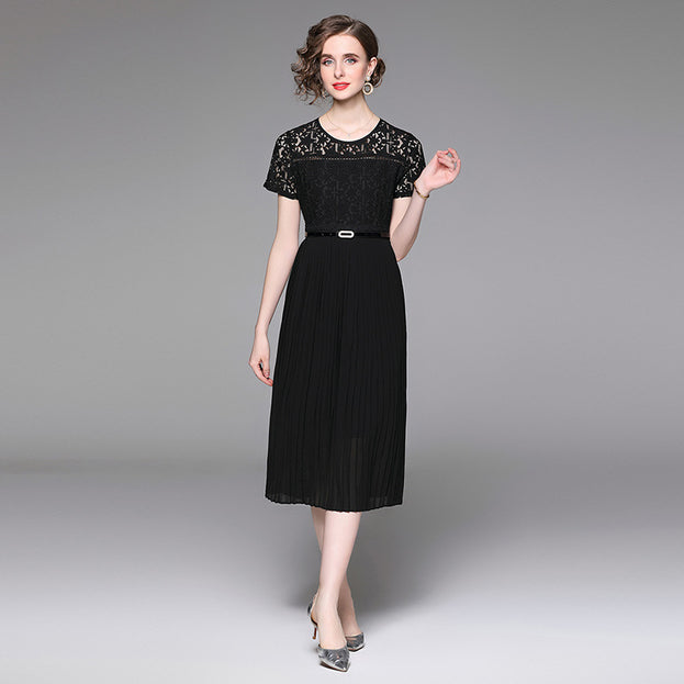Elegant Crewneck Short Sleeve Lace Patchwork Pleated Dress