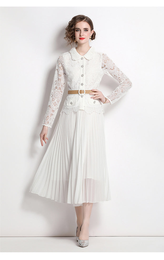 Water-Soluble Pleat Splicing Chiffon High-Waisted Lapel Long-Sleeved Fake Two-Piece Long Skirt Dress