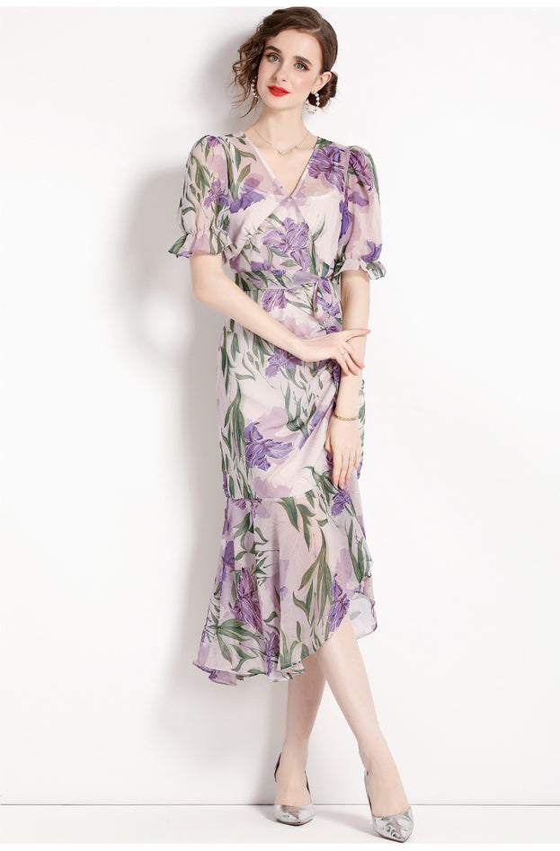 Printed Chiffon Fold Waist Slimming Lantern Sleeve Dress Long Skirt