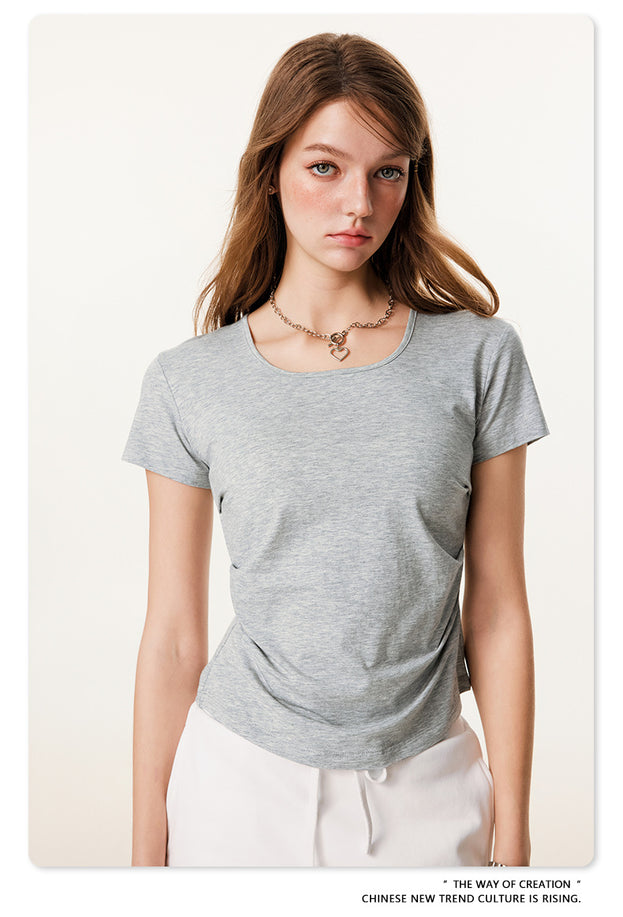Summer Solid-color Square-neck Hot Girl Short-sleeved Slimming Top