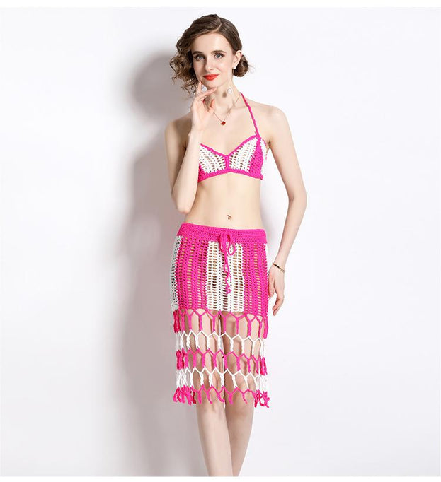 New Chest Hanging Neck Vest and Tassel Bag Hip Half Skirt Hollowed Out Two-Piece Summer Suit