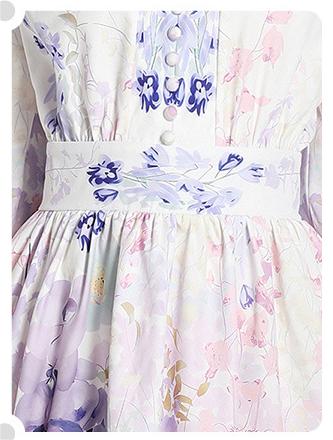 V-Neck Vintage Print Long-Sleeved Dress Slim-Fit and Slim-Waist A-Line Skirt