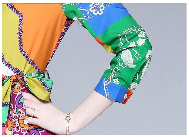 Fashion Temperament Dress Long-Sleeved Vintage Print Belt Tucked Mid-Length Skirt