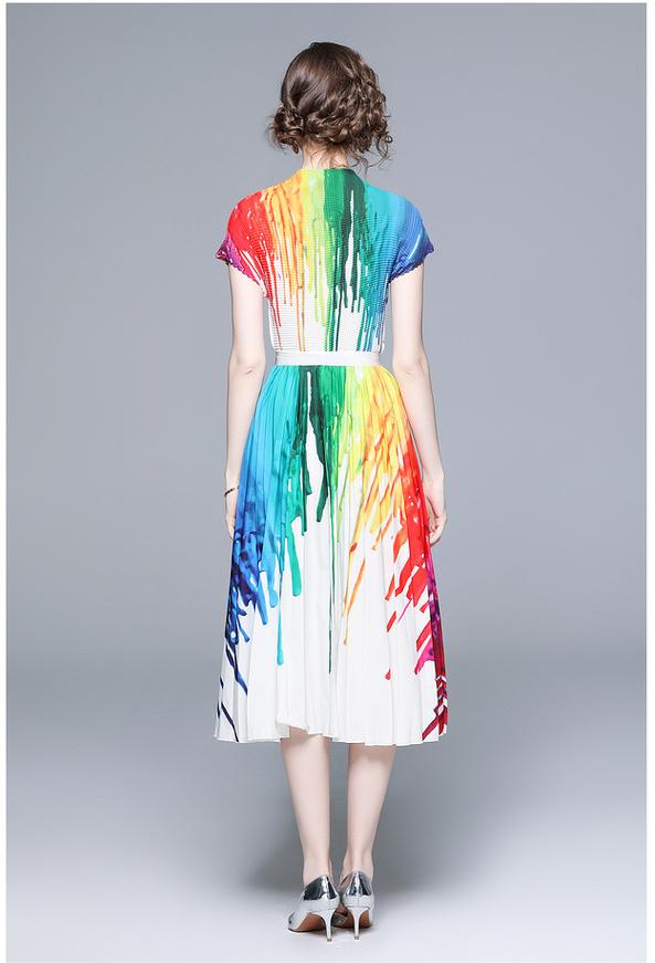 Vintage Print Pleated Short Sleeve Top and Pleated Skirt Fashion Two-Piece Suit