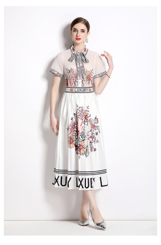 Fashion Vintage Printed Lapel Shirt Large Swing Pleated Skirt Fashion Suit