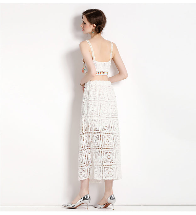 Hook Flower Embroidery Hollowed Out Short Style Suspender Top and Bag Hip Skirt Two-Piece Set