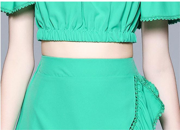 One Line Shoulder Wipe Chest Top and A Line Half Skirt Net Red Two-Piece Set