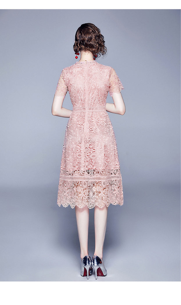 Water-Soluble Lace  Stitching Temperament Hook Flower Hollowed Out Short-Sleeved Dress