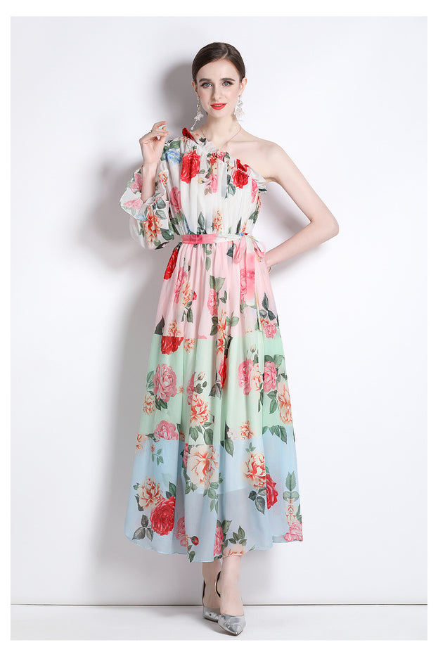 Printed Dress Chiffon Diagonal Shoulder Beach Skirt Seaside Holiday Maxi Skirt