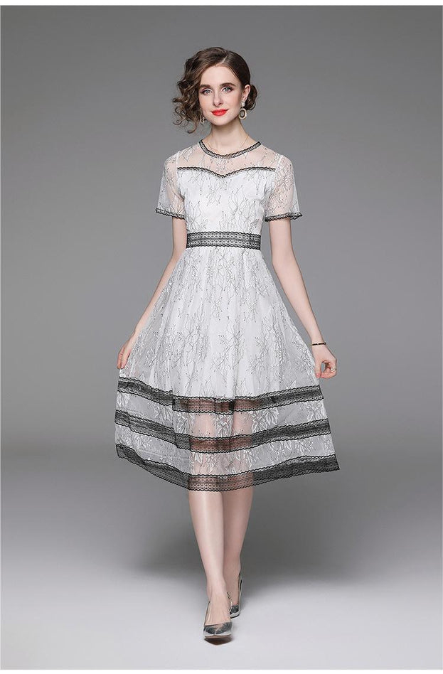 Lace Sexy Temperament Slimming Waist Show Round Neck Short Sleeve MIDI Dress