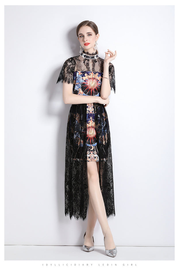 Vintage Temperament Lace Patchwork Printed Stand Collar Short Sleeve Long Skirt Dress