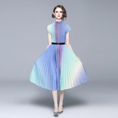 Vintage Print Pleated Short Sleeve Top and Pleated Skirt Fashion Two-Piece Suit