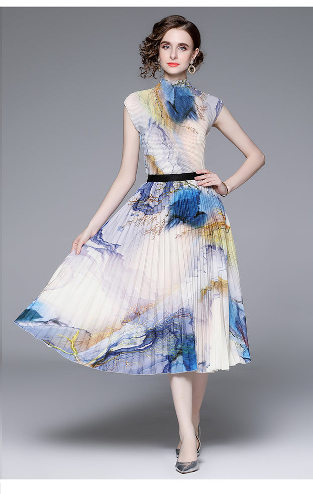 High Stretch Top and Printed Pleated Skirt Two-Piece Suit