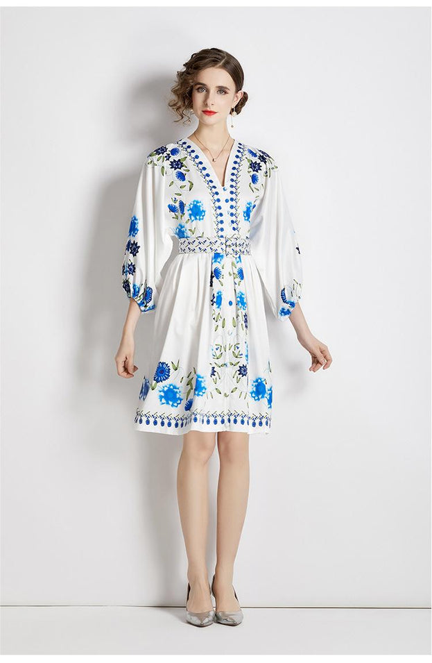 Vintage Fashion Printed Dress Temperament Slim Elegant V-Neck A-Line Skirt