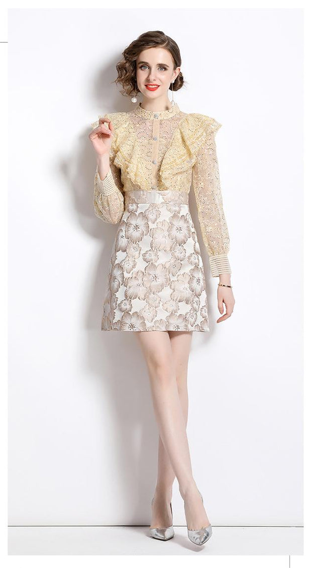 Temperament Lace Patchwork Jacquard Waist slimming A-Line Skirt Dress