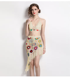 Hand Hook Knitted Hollowed Out V-neck Blazer Top and Irregular Fringed Skirt