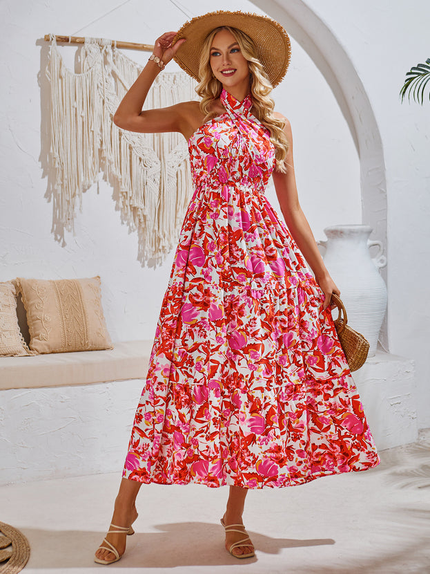 Summer Printed Waisted Loose Holiday-Style Smocked Halter Dress for Women