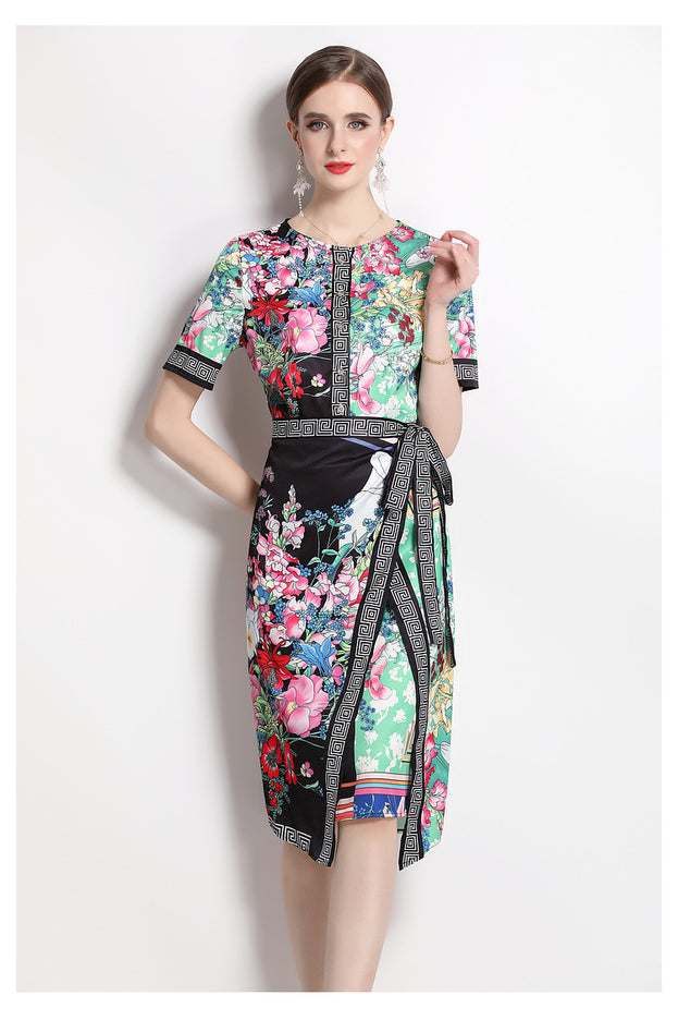 Vintage Print Print MIDI Dress with Waist Drawstring for Slimming