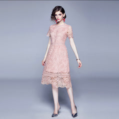Water-Soluble Lace  Stitching Temperament Hook Flower Hollowed Out Short-Sleeved Dress