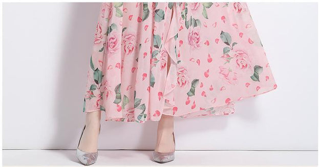 Peplum One-Line Neck Beach Skirt Slit Chiffon Large Hemline Long Skirt Dress