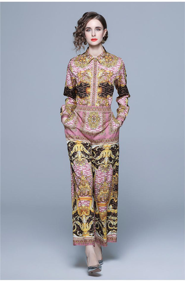 Printed Long-Sleeved Shirt Wide-Leg Pants Suit Women's Two-Piece Autumn Clothes New
