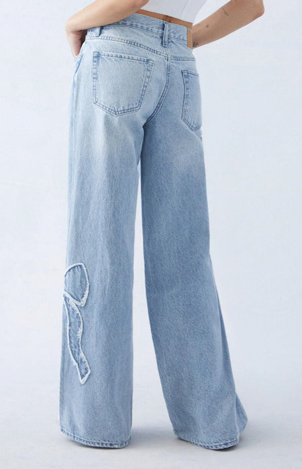 American Fashion Side-Fringed Butterfly-Embroidered Loose Straight Denim Pant for Women