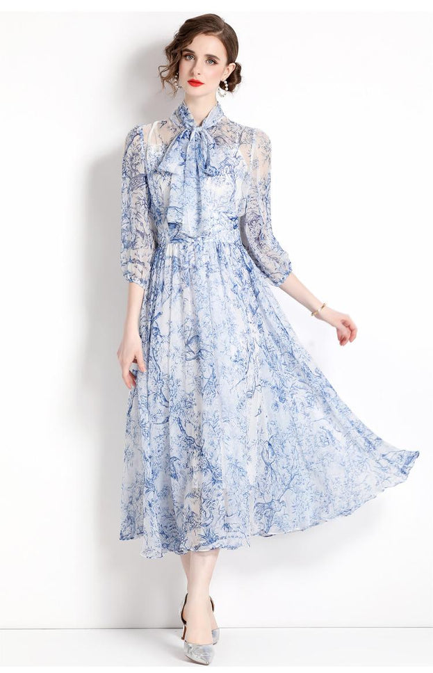 Lace-Up Print Long-Length Holiday Dress with Five-Point Sleeves