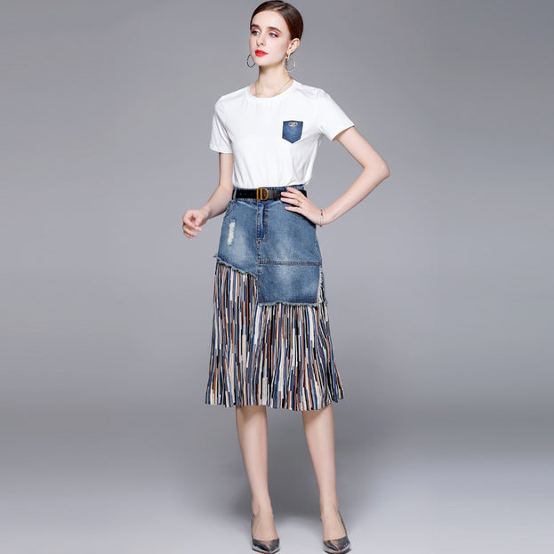 New Women's Crew Neck Short Sleeve T-shirt and Temperament Fashion Ftitching Denim Skirt Two-Piece Suit