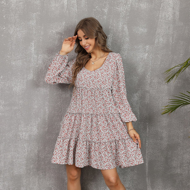 Fashion Round-Neck Long Sleeve Printed Ruffled Hem with Large Flared Dress for Women