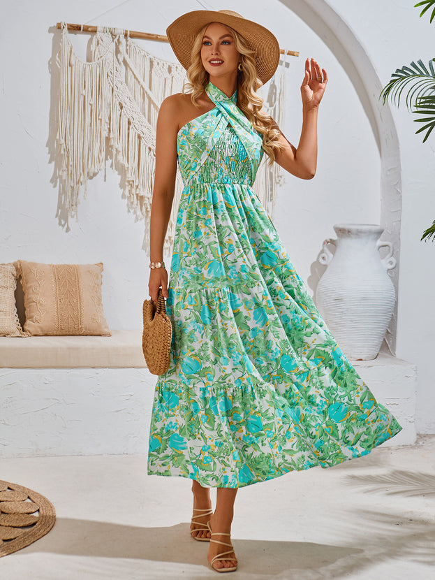 Summer Printed Waisted Loose Holiday-Style Smocked Halter Dress for Women