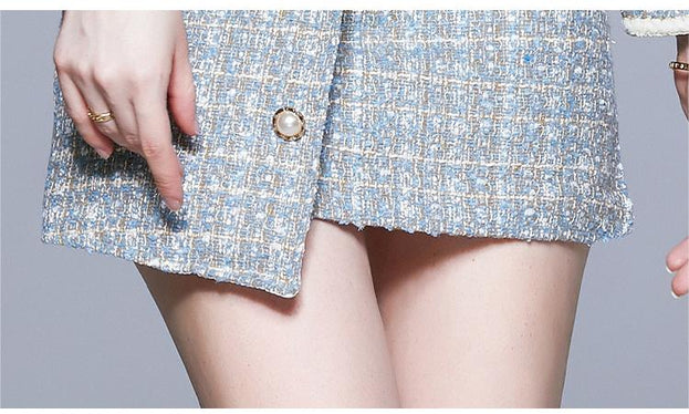 Women's Tweed Long Sleeve Coat and Short Skirt Temperament Two Piece Suit Skirt