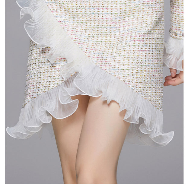 Tweed Stitching Mesh Yarn Coat and Half Skirt