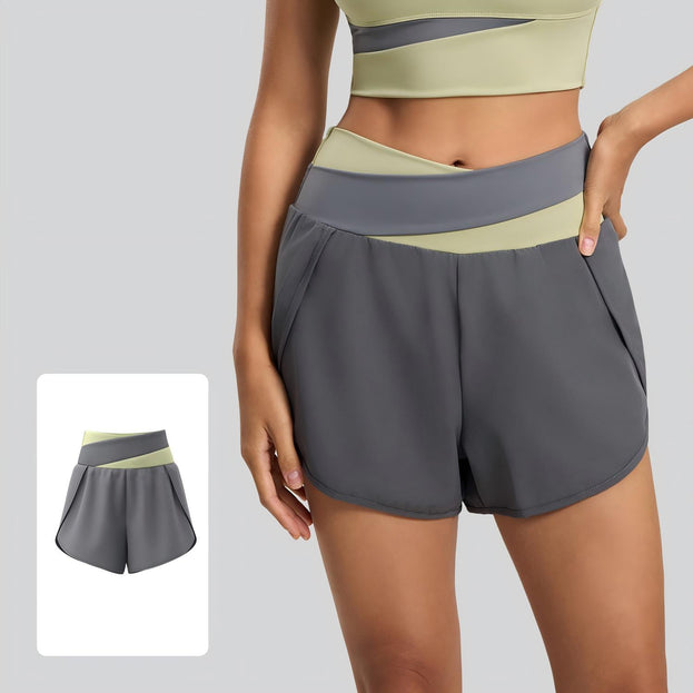 Color-Blocked Faux Two-Piece Anti-Exposure Women's Sports Shorts