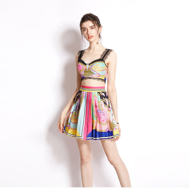 Spring/Summer Resort Print Pleated Skirt and Lace Patchwork Top Suit