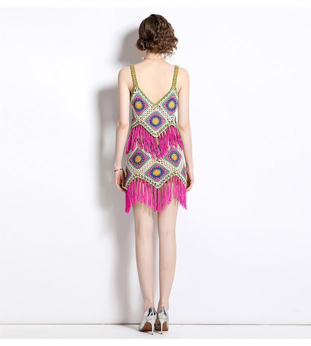 Hollowed Out Colorful Tassel Top and Skirt Two-Piece Set