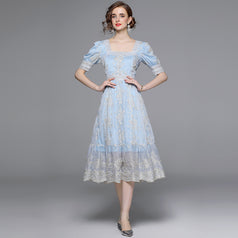 Vintage Embroidered Dress Square Neck Short Sleeve Slim MIDI Waist Tucked in