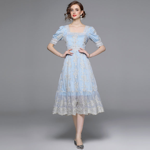 Vintage Embroidered Dress Square Neck Short Sleeve Slim MIDI Waist Tucked in