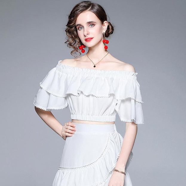 One Line Shoulder Wipe Chest Top and A Line Half Skirt Net Red Two-Piece Set