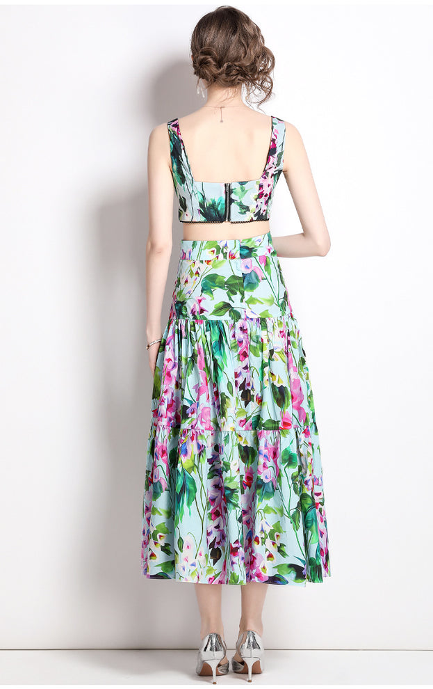 Vintage Sleeveless Short Style Chest Wrap Suspender and Printed High-Waisted Skirt Two-Piece Suit