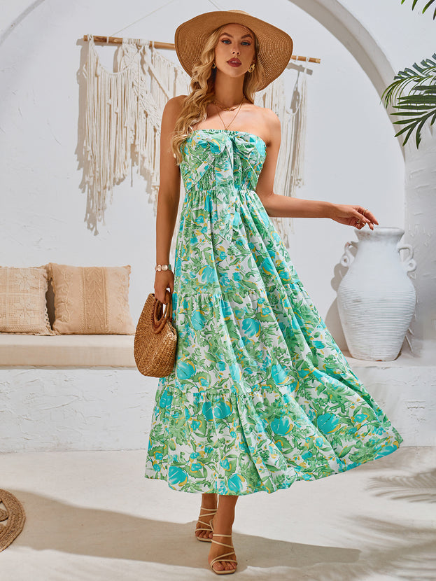 Summer Printed Waisted Loose Holiday-Style Smocked Halter Dress for Women